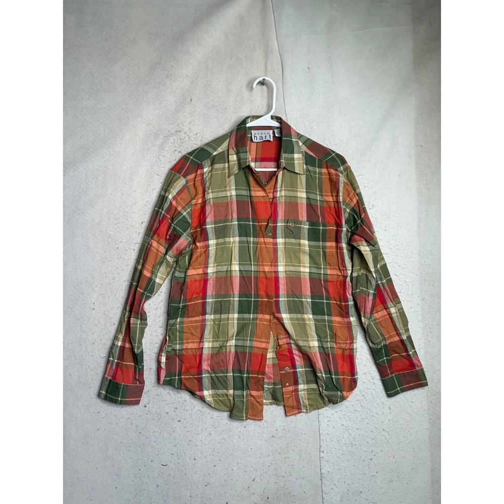 Keren Hart Mens S Plaid Button Down Shirt Green Red Orange Cotton Long Sleeve